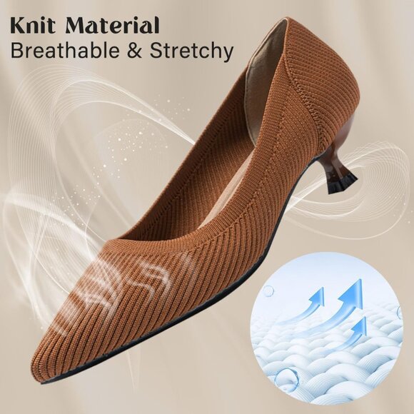 Women's Brown Kitten Heels Pumps Comfortable Knit Closed Toe Heels Casual - Picture 2 of 6